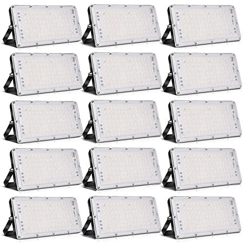 Viugreum 100W LED Flood Light, 8000LM 3000K Warm White, Slim Outdoor Floodlight, IP66 Waterproof Security Lights, Landscape Wall Lights for Garage, Garden, Lawn, Yard, Playground（15 pcs）