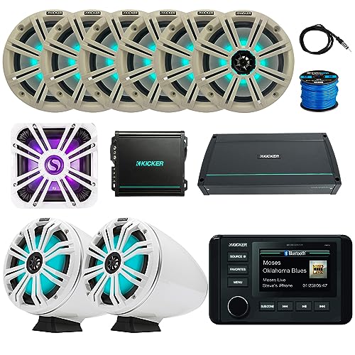 KICKER KMC4 Marine Bluetooth Receiver with 6x8" 300W Multicolor LED Speakers and 10" Subwoofer