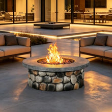 Afterglow 36" Outdoor Propane Fire Pit Table for Patio Garden Backyard Outside Porch, Round Rustic Stacked Stone Firepit Table with Lid, Cover & Lava Rocks, 50000 BTU, CSA Certificated, Round Pebbles