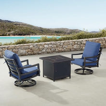 Oakland Living Black Aluminum Patio Fire Table Bistro Set with Two Club Chairs with Blue Cushions