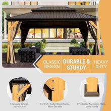 LOPOO Cedar Wood Gazebo with Hardtop, Netting & Curtains Brown