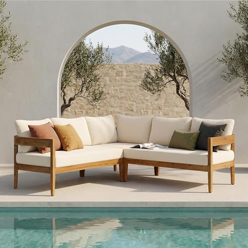 Merax Outdoor 80" Acacia Wood Curved Sectional 5-Seater Sofa, Patio V-Shaped Sofa Couch with Weather-Resistant Cushions for Porch, Lawn, Backyard, Balcony, Teak+ Beige