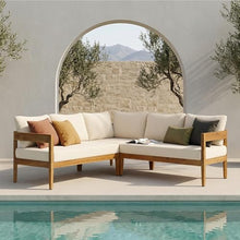 Merax Outdoor 80" Acacia Wood Curved Sectional 5-Seater Sofa, Patio V-Shaped Sofa Couch with Weather-Resistant Cushions for Porch, Lawn, Backyard, Balcony, Teak+ Beige