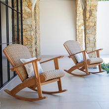 Cambridge Casual Camden Teak Porch Oversized Rocking Chair Beige Wicker, Padded Woven Seat, All-Weather Outdoor Deep Seating Rocking Chair with Built-in Quick Dry Cushion