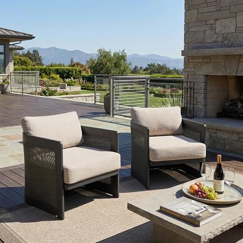 Christopher Knight Home Arden Aluminum Outdoor Club Chairs Set of 2, Modern Patio Accent Chairs with Mesh Panels and Removable Cushions, Ergonomic Armchair for Garden/Poolside/Balcony, Beige + Black