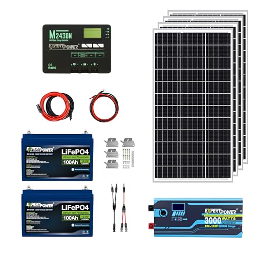 ExpertPower 2.5KWH 12V Solar Power Kit | LiFePO4 12V 100Ah, 400W Mono Solar Panels, 30A MPPT Solar Charge Controller, 3KW Pure Sine Wave Inverter Charger | RV, Trailer, Camper, Marine, Off Grid