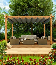 10' X 13' Outdoor Pergola with Retractable Canopy Aluminum Pergola Faux Wood Metal Pergolas Gazebo for Backyard, Deck, Patio, Garden Porch Beach Sun Shade Pavilion Grape Trellis Grill, Gray