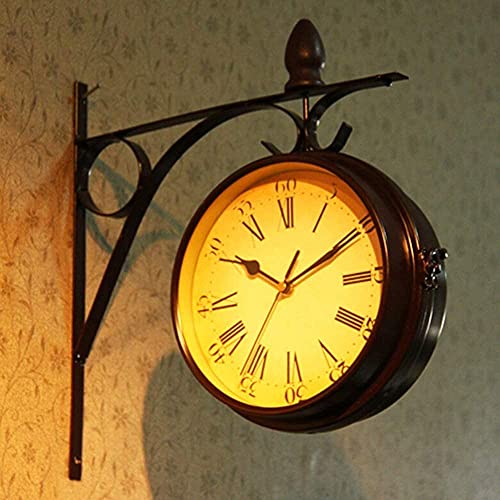 EHVYBDX Wall Clock, Outdoor Double Sided Wall Clock Garden Wall Clock with Bracket European Retro Style Wrought Iron Black Double Sided Roman Numerals Wall Clock Indoor Outdoor