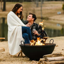Ash & Ember 32in Hemisphere Fire Pit with Screen and Poker, Cast Iron High-Temperature Black Paint Fire Bowl, Wood Burning Backyard Fireplace, Portable Outdoor Firepit
