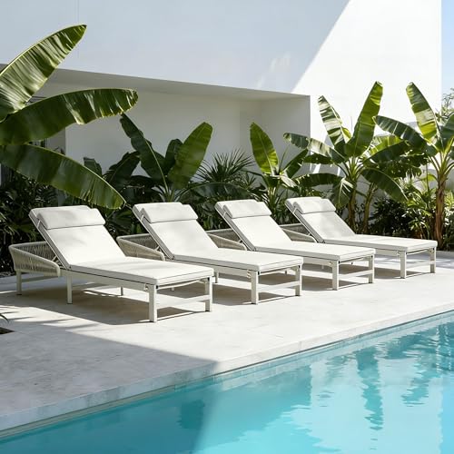 SANDAZE Outdoor Lounge Chairs Set of 4 with 2" Thick Cushion & Pillow, 5-Position Reclining Backrest, Aluminum Pool Chaise Lounge with Wheels, 350lbs Capacity, White Patio Lounger for Backyard Deck