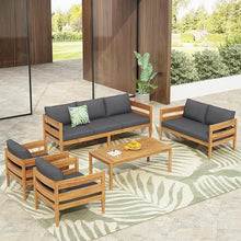 Christopher Knight Home 5-Piece Outdoor Patio Furniture Set, Acacia Wood Conversation Set with 3 Seater Sofa Loveseat Coffee Table and 2 Single Cushions Chairs, Slatted Backyard Seating Set, Dark Gray