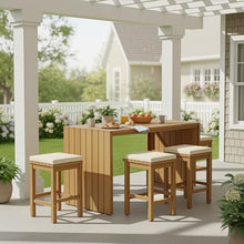 YOPTO 5 Piece Outdoor Bar Set, Patio Acacia Wood Bar Height Table & Four Stools with Cushions, Wood Dining Bar Set for Backyard, Poolside, Balcony, Beige