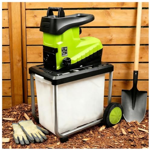 MIAOXIAOLONG 60L Collecting Bin, Wood Chipper Shredder, Electric Mulcher Shredding Machine with 22:1 Reduction Ratio, 1.8In Cutting Diameter, Large Portable Wheels for Yard Waste Cleanup
