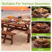 AMZXPLORE Square Picnic Table, 6-8 Person Picnic Table Outdoor Dining Table with Umbrella Hole and 4 Built-in Benches, Waterproof Wooden Dining Tables Set for Garden, Backyard, Porch and Deck