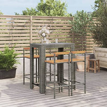 Fisinber 5-Piece Modern Garden Bar Set Grey 39.4"x23.8" Poly Rattan & Acacia Wood Outdoor Patio Furniture Set with Footrest for Balcony, Backyard, Terrace and Lawn Use