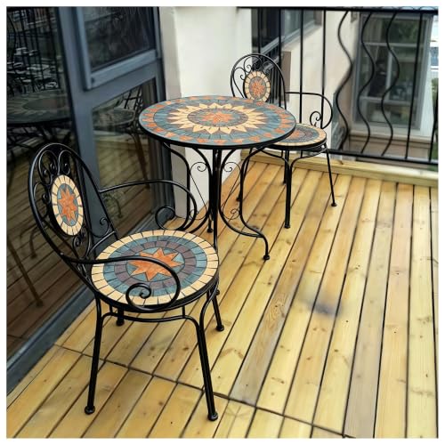 Outdoor Round Side Table with Chairs, Ceramic Top Table with Metal Frame
