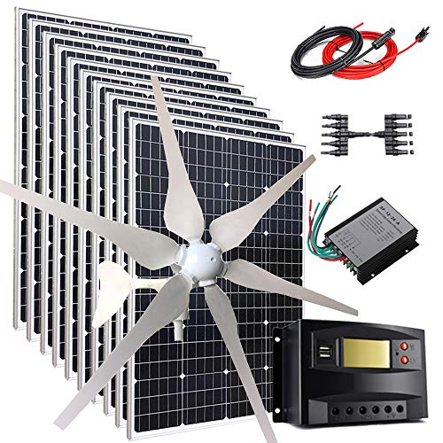 1600W Solar Panel Wind Turbine Generator Kit for Home Garage Cabin Garden Farm Boat Charge 24V Battery: 400W Wind Turbine + 10pcs 120W Solar Panel + Charge Controller & Accessories
