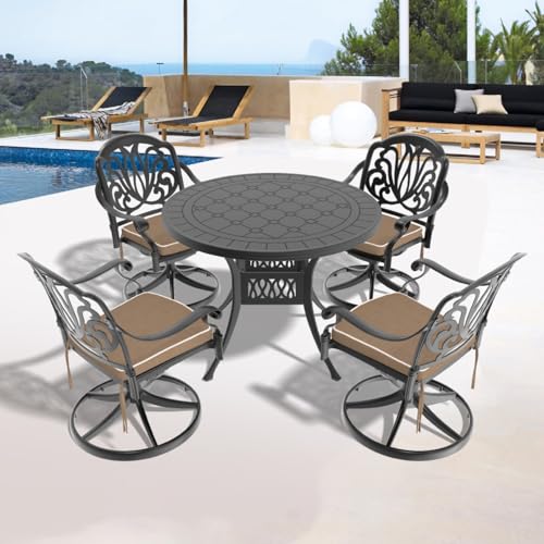 Hassyee All-Weather Bistro Set with Round Table for Balcony, Patio Furniture Set with Two Swivel Chairs and Water Resistant Cushions for Dining Room, Lawn, Poolside, Garden (Black 7)