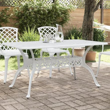 HGKMBRY White Cast Aluminum Garden Table 59.1 x 35.4 x 28.3 Inches for Outdoor Dining with Umbrella Hole, Durable Patio Furniture Set for Up to Six People, Elegant Retro Design,