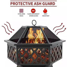 Garden Fire Pit Grill Bowl Grill Barbecue Rack Outdoor Fire Pits 24Inch,Hex Shaped Fire Bowl with Spark Screen Cover for Backyard Garden Patio Bonfire Heating and BBQ