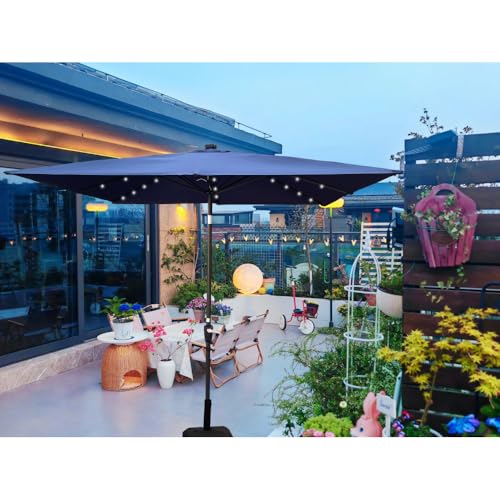 Square 2.5X2.5M Outdoor Patio Umbrella Solar Powered LED Lighted Sun Shade Market Waterproof 8 Ribswith Crank and Cross Base for Garden Deck Backyard Outside Swimming Pool