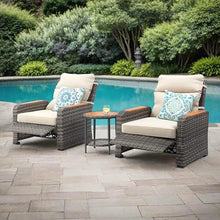 Teamson Home - Outdoor 3 Piece Wicker Recliner Set with Wood Armrests and Cushions, Gray