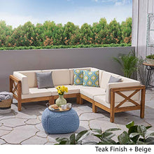 Great Deal Furniture Noble House Brava Wood 5 Seater Sectional Sofa Set with Cushions Teak/Beige