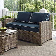 Afuera Living Modern Wicker Patio Loveseat, Brown and Navy Finish, 33" H x 56" W x 32.5" D, Steel Frame, UV-Resistant Outdoor Resin Wicker, Weather-Resistant Cushions, Comfortable Outdoor Seating