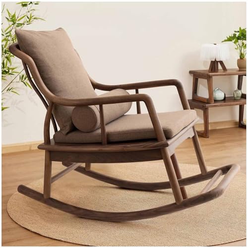 ERoomQ Rocking Chair Walnut Wood Rocker Outdoot & Indoor, High Back Padded Seat Rocking Armchair with Backrest and Cushion for Garden, Patio, Backyard, Bedroom