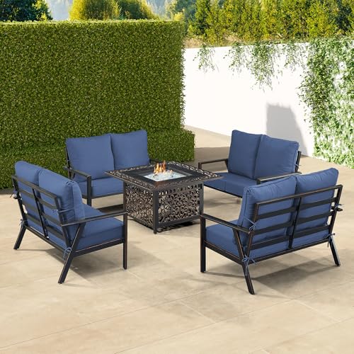 Oakland Living Black Aluminum Patio Fire Table Set with Four Deep Seating Loveseats with Cushions with Blue Cushions
