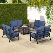 Oakland Living Black Aluminum Patio Fire Table Set with Four Deep Seating Loveseats with Cushions with Blue Cushions