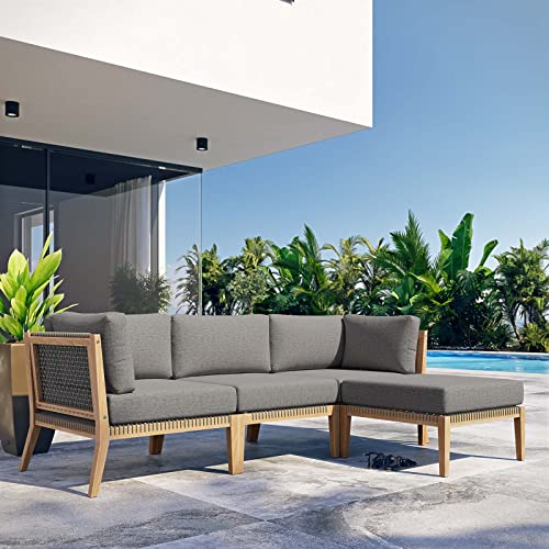 Modway Clearwater Outdoor Patio Teak Wood 4-Piece Sectional Sofa in Gray Graphite