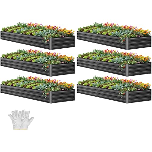 YITAHOME 6pcs 12x4x1 ft Galvanized Raised Garden Bed Kit, Large Metal Planter Box with Gloves, Safety Rubber & Support Rod, Outdoor Flower Bed for Plants Vegetables, Black