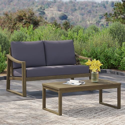 roomfitters Outdoor Loveseat and Coffee Table Set, Patio Furniture Seating Set, Modern Wood Design, Dark Grey