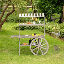 Antique Rustic Solid Wood Decor Display Rack Cart Wood Plant Stand 3 Tier with Wheels for Display, Wood Wagon with Shelves for Plants and More