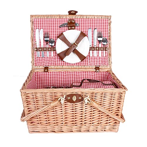 ZYBB Picnic Basket Wicker with Cutlery Picnic Mat Large Picnic Basket for 4 People with Folding Handles 46X31x28cm