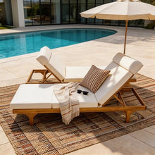 Christopher Knight Home Acacia Wood Chaise Lounge Chair Set of 2, Double/Single Outdoor Sunbathing Pool Lounger with 4'' Four-Folds Cushion, Patio Wooden Adjustable Backrest Lounge Sofa, Teak+Cream