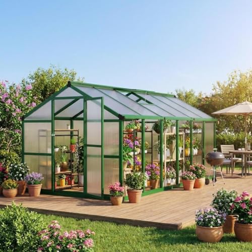 8x12 FT Greenhouse, Polycarbonate Walk-in Greenhouse for Outdoors with Roof Vent & Lockable Outward-Opening Swing Door, Heavy-Duty Aluminum Green House for Garden, Backyard, Patio, Lawn, Deep Green