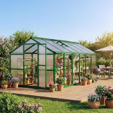 8x12 FT Greenhouse, Polycarbonate Walk-in Greenhouse for Outdoors with Roof Vent & Lockable Outward-Opening Swing Door, Heavy-Duty Aluminum Green House for Garden, Backyard, Patio, Lawn, Deep Green
