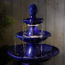 3-Tier Dark Blue Ceramic Fountain, Decorative Water Fountain with LED Lights and Quiet Pump, Indoor Outdoor Water Feature for Patio, Garden, Deck, Balcony, Office and Home Décor