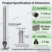 zhenmaster Shallow Well Drilling Tool, Impact Well Point Kit, 1-1/4 Stainless Steel Drive Point, 36-Inch Pipe, 60 Mesh Precision Screen, Galvanized Iron Body, for Farm, Garden Water Irrigation(5+1)