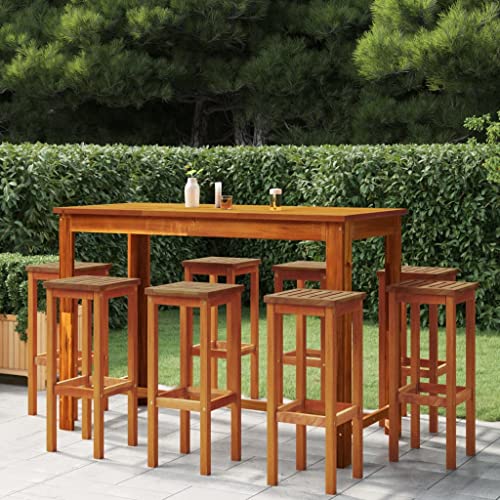 VGLQNRPT 9 Piece Patio Bar Set Outdoor Dining Furniture with Solid Acacia Wood Table and 8 Stools for Garden Backyard Deck Balcony