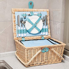 ZYBB Picnic Basket Wicker with Cutlery Insulation Bag Foldable Handles for 4 People 42x32x22cm(Color:Natural+Blue)