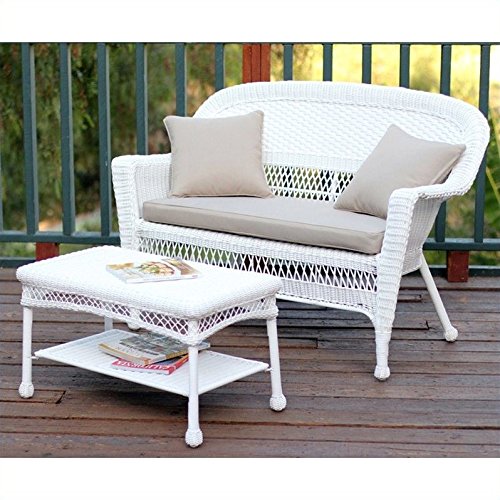 Jeco Wicker Patio Love Seat and Coffee Table Set with Tan Cushion White