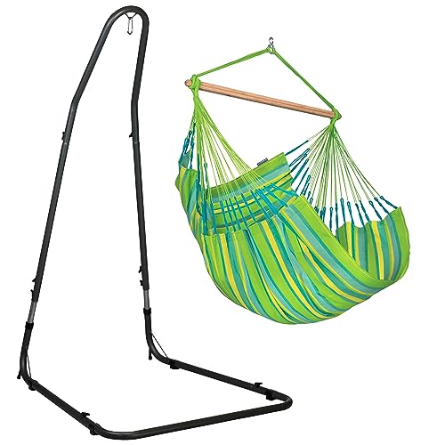 LA SIESTA® Large Comfort Domingo Hammock Chair & Steel Stand - Weatherproof, Hanging Hammock Chair with Stand - Indoor Outdoor Swinging Chair, Bedroom Porch Hammock Swing Chair with Stand - Lime