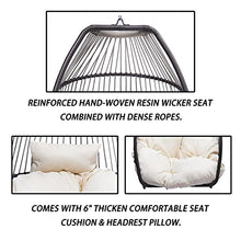 Hanging Rope Swing Seat Patio Wicker Folding Hanging Chair with Cushion and Pillow Rattan Swing Hammock Egg Chair with X Type Base and C Type Bracket for Indoor/Outdoor(Black+Beige)