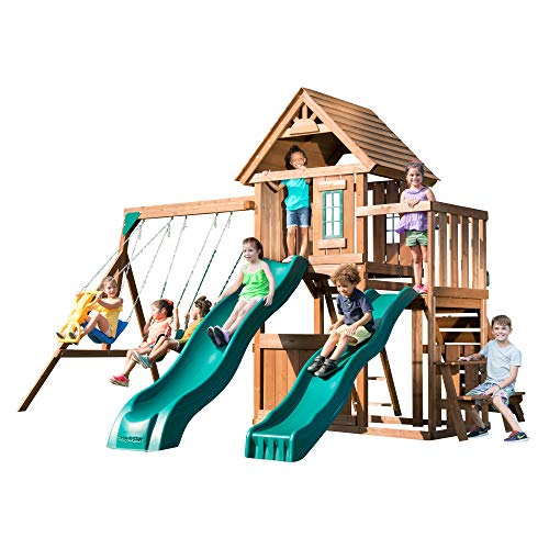 Swing-N-Slide Lookout Mountain Wooden Swing Set with Slides & Climbing Wall Brown