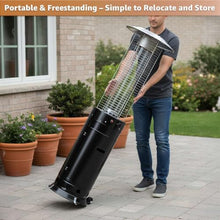 46,000 BTU Black Round Portable Propane Outdoor Patio Heater with Glass Flame Tube and Protective Mesh – Freestanding Commercial Steel Design with Wheels for Patio, Deck, Restaurant, Outdoor Events