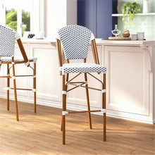 Pemberly Row Modern 30.25" Rattan Bar Stools, White/Navy, Set of 2, Fade Resistant PE Rattan with Bamboo Print Metal Frames, Indoor/Outdoor Bistro Stools, Commercial Grade Seating for Patio or Bar Use