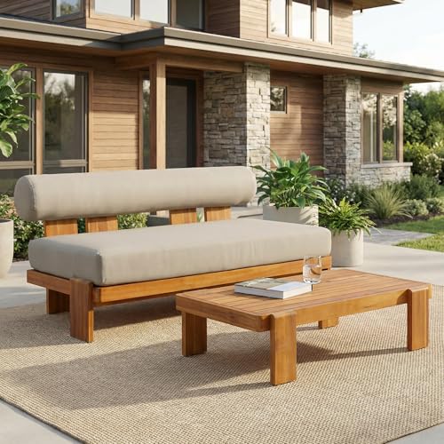 Merax 2 Piece Patio Loveseat & Coffee Table Set with Acacia Wood Frame, Waterproof Cushions & Round Backrest for Garden, Deck & Balcony, Light Brown+Teak